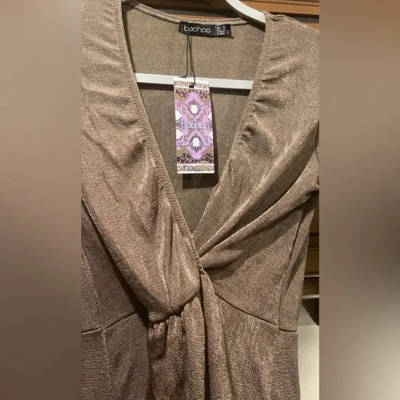 Boohoo gold metallic long-sleeve midi or maxi dress Sz 12 - Picture 5 of 6